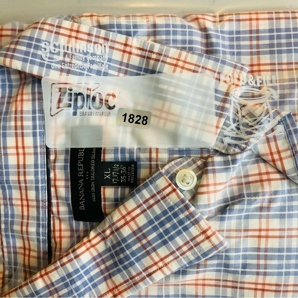 Banana Republic Non-Iron Tailored Slim Plaid Button Down Shirt XL Blue/Orange